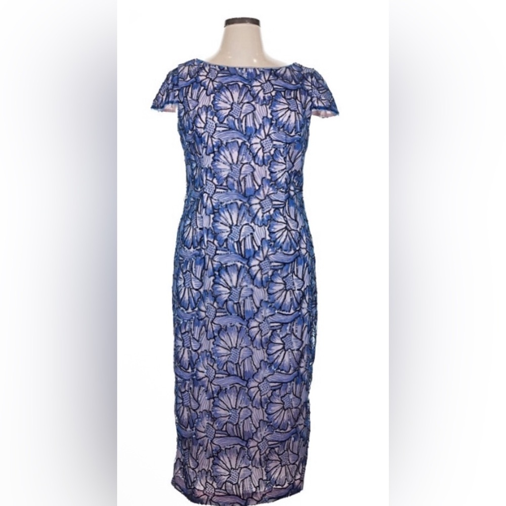JS Collections NWT Blue and black beaded floral mid gown. V in back.Size 14.